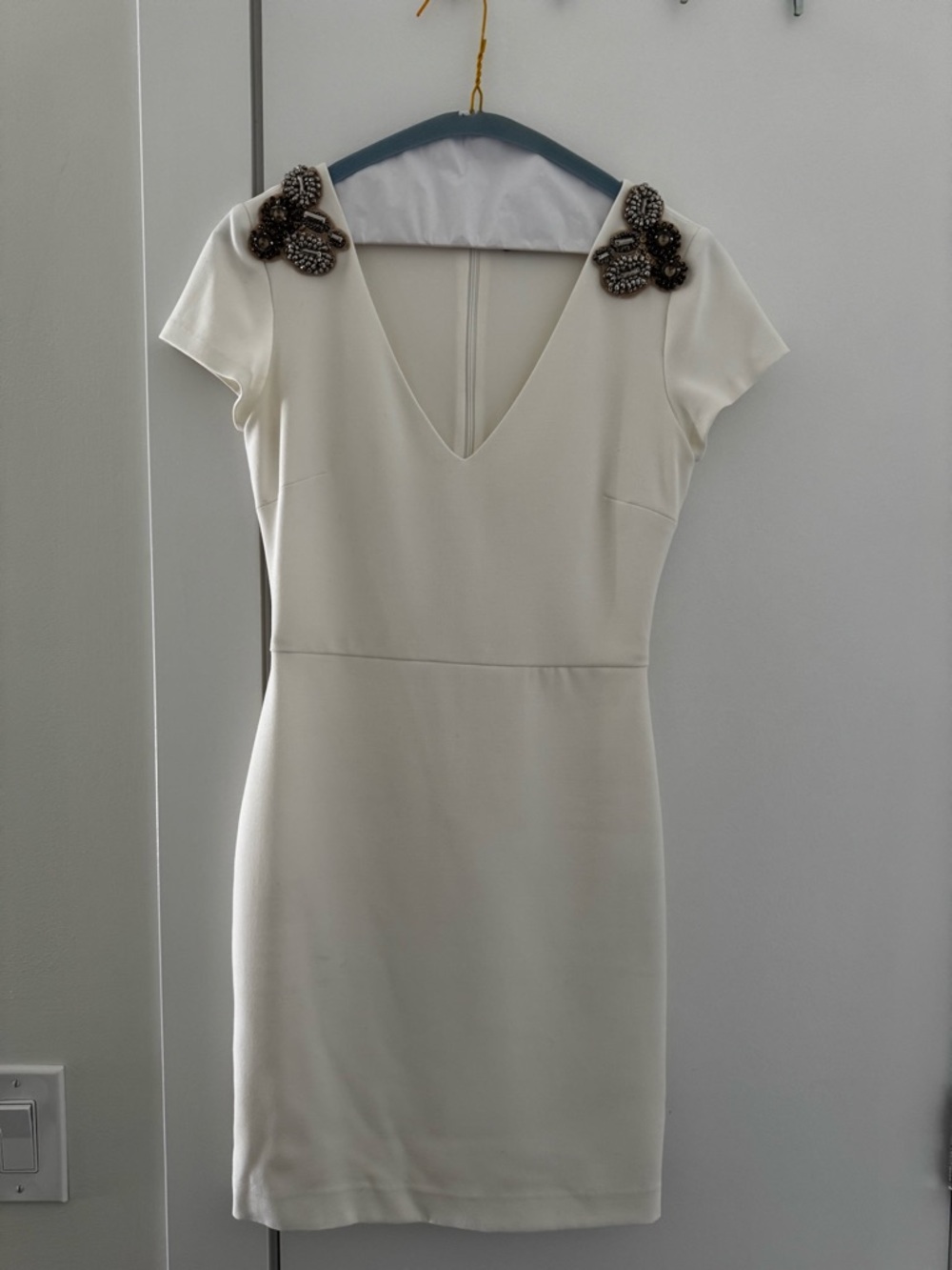 Zara Cream V-Neck Mini Dress with Beaded Shoulder Accents